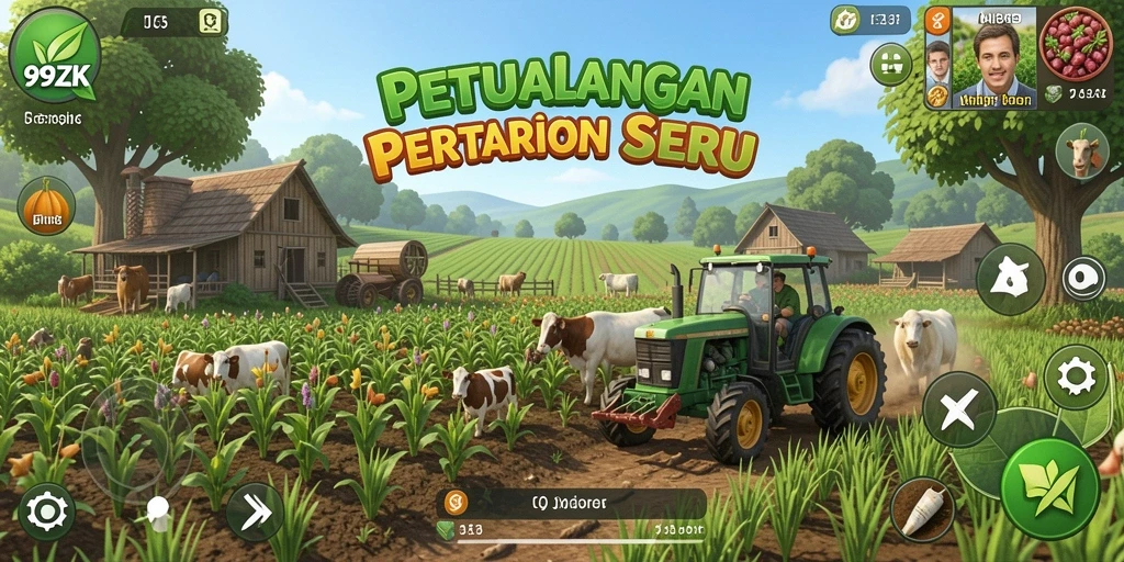 Tampilan gameplay seru dalam 99ZK, menunjukkan kebun yang subur.