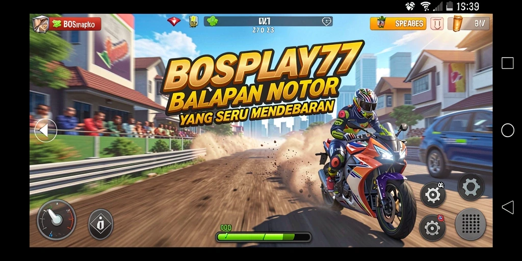 Screenshot gameplay BOSPLAY77 menampilkan aksi balapan motor yang kencang dan dinamis.