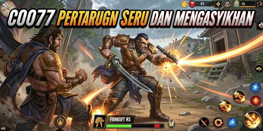 Tampilan gameplay C0077 yang menegangkan dengan karakter bertarung.