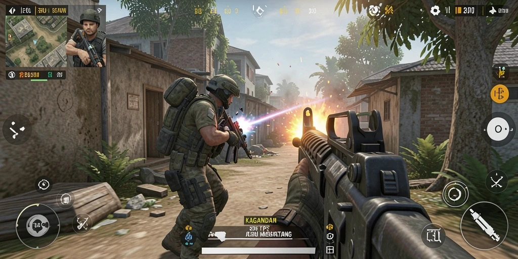 Screenshot gameplay KAGANDAN menampilkan aksi tembak-menembak yang seru.