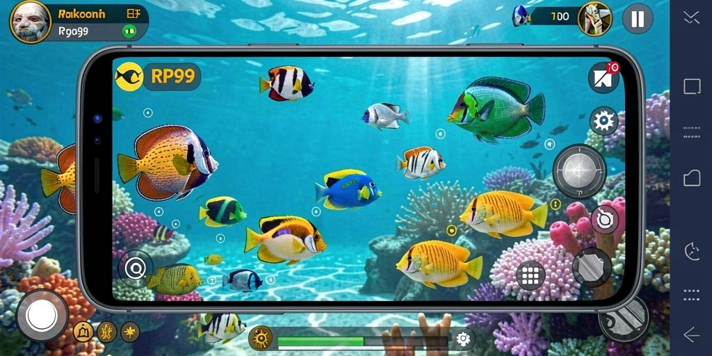 Screenshot dari gameplay seru RP99 yang menampilkan aksi tembak ikan.