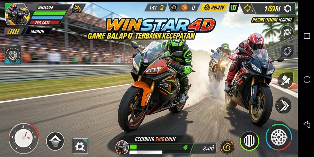 Screenshot gameplay WINSTAR4D yang menampilkan aksi balap motor yang seru.